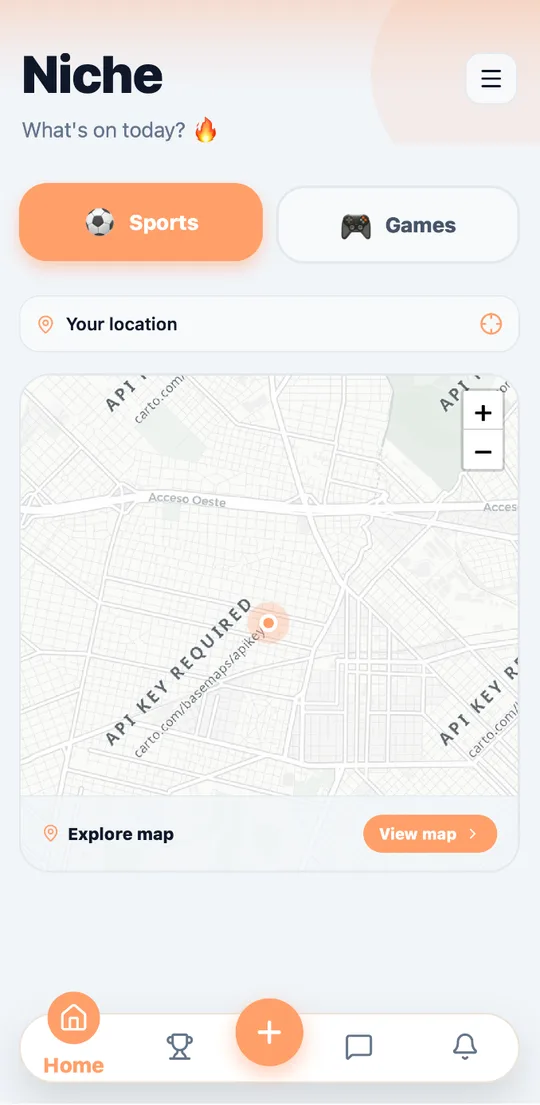Niche app — home screen showing sports and map view